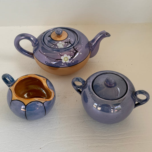 Vintage Made in Japan 3 Piece Tea Set | Hand Painted Lavender Cherry Blossom Teapot Set