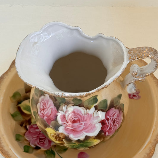 Vintage Hand Painted Japanese Rose Pitcher & Bowl Set | Gold Trim Floral Vanity Wash Basin | Cottage Core Decor