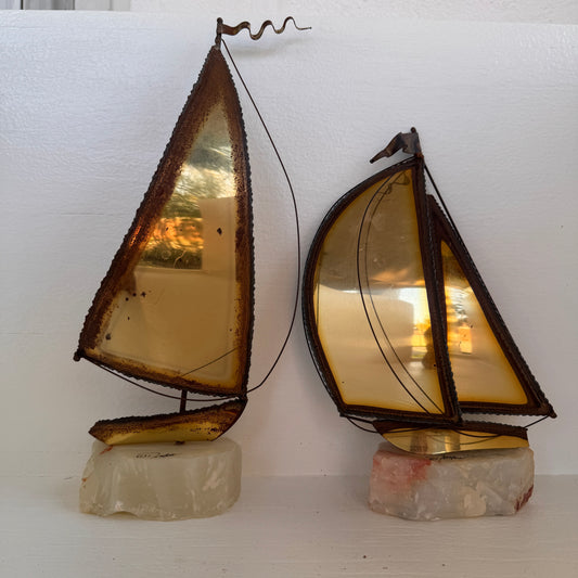 Vintage Brass Sailboat Sculpture Set on Quartz Stone Bases | Coastal Nautical Decor