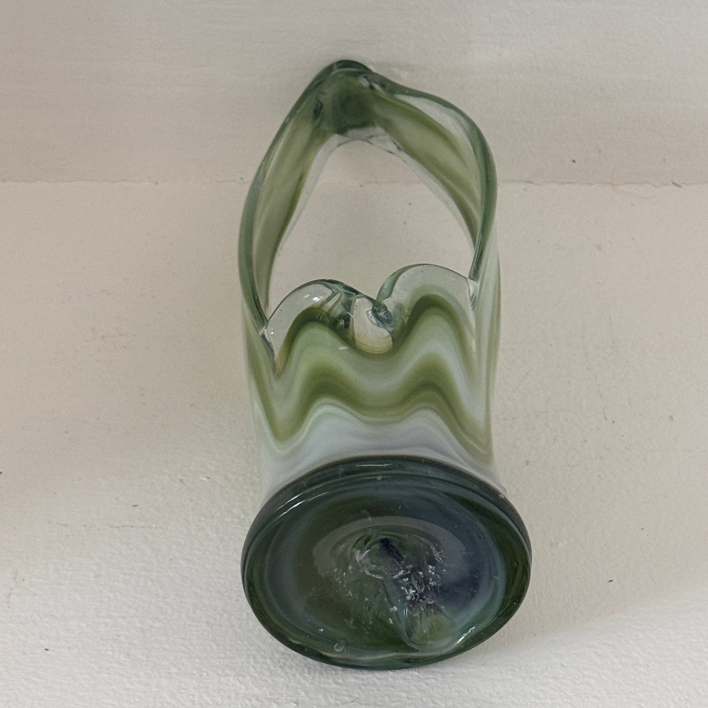 Vintage Hand Blown Green & White Art Glass Basket Vase | Mid Century Swirl Glass
