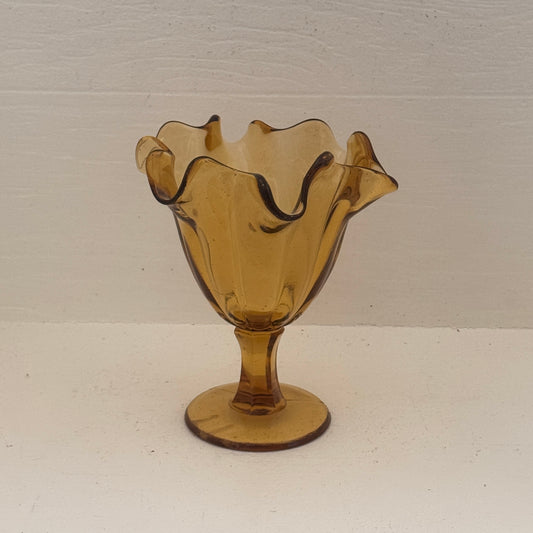 Vintage Amber Handkerchief Glass Vase | Mid Century Pedestal Vase | Scalloped Art Glass Centerpiece