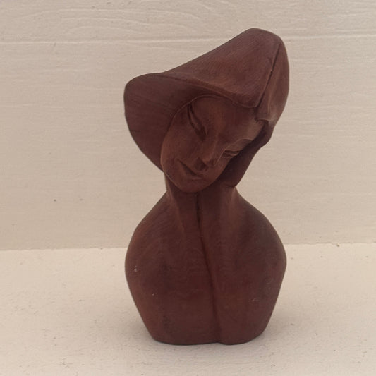 Vintage Hand-Carved Wooden Lady Bust | Mid Century Modern Sculpture | Rustic Boho Home Decor