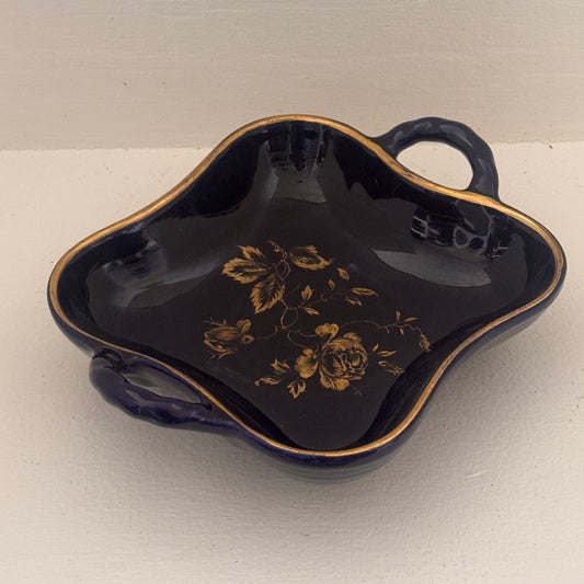 Vintage Edh Cobalt Navy Blue & Gold Handled Trinket Dish | Decorative Candy Bowl | Floral Serving Dish