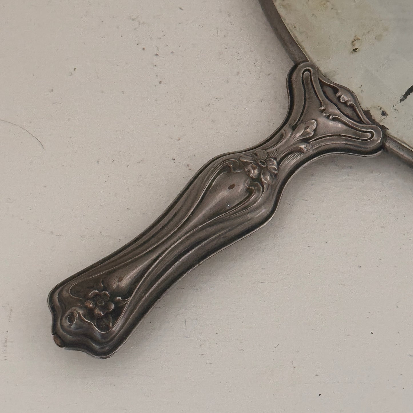Antique Art Nouveau Hand Mirror | Ornate Floral Vanity Mirror | Silver Tone Dresser Decor