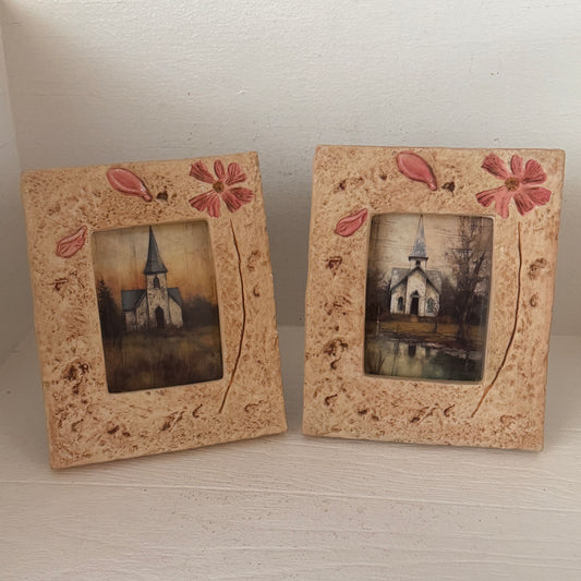 Vintage Cream Stone-Style Floral Picture Frames – Set of 2 | Textured Cottage Decor | Holds 5” x 3.5” Photos