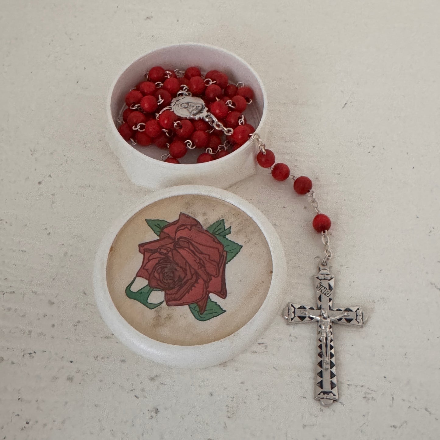 Vintage Red Rosary with Devotional Pouch | Italy Crucifix | Catholic Prayer Beads