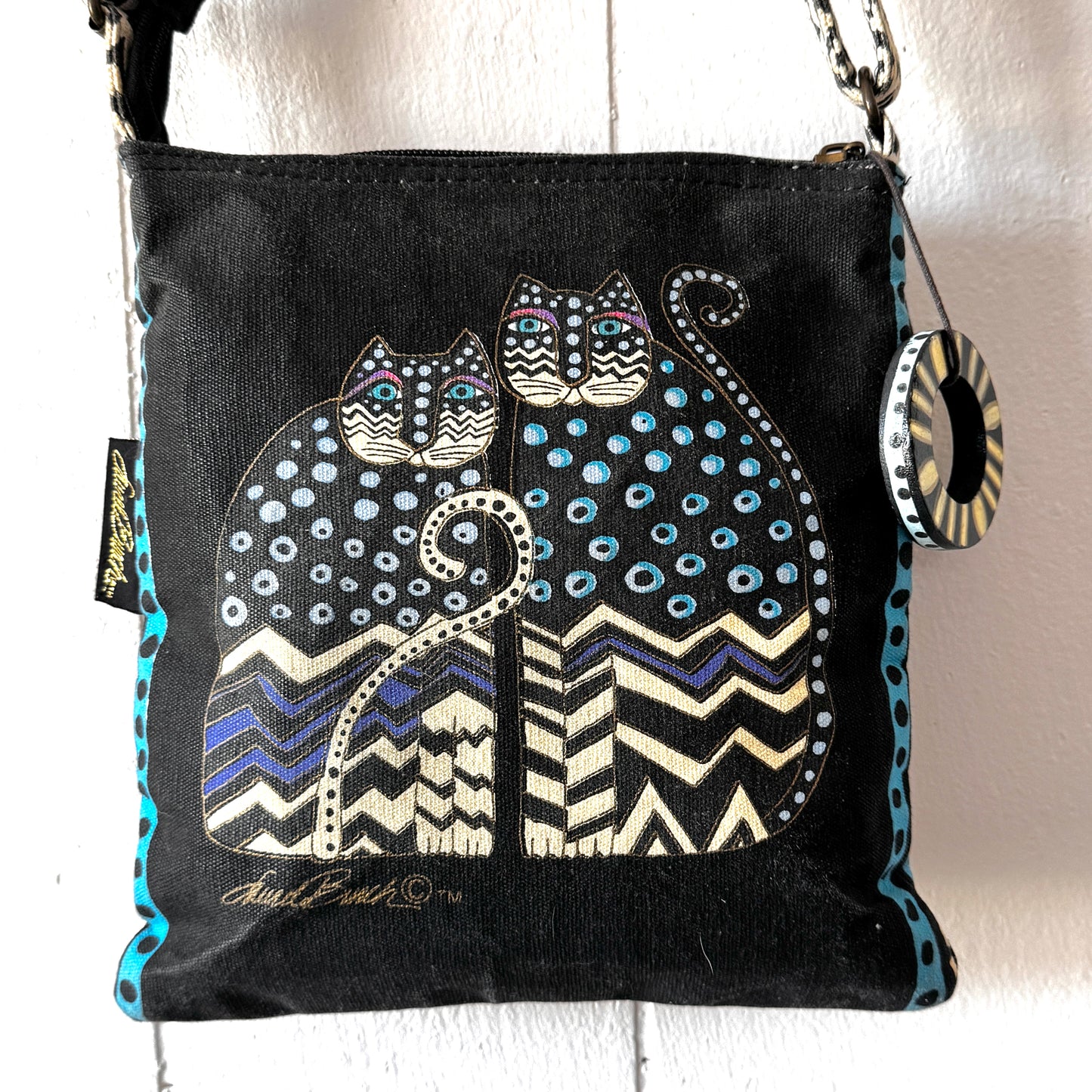 Vintage Laurel Burch Cat Crossbody Bag Boho Art Purse with Beaded Detail