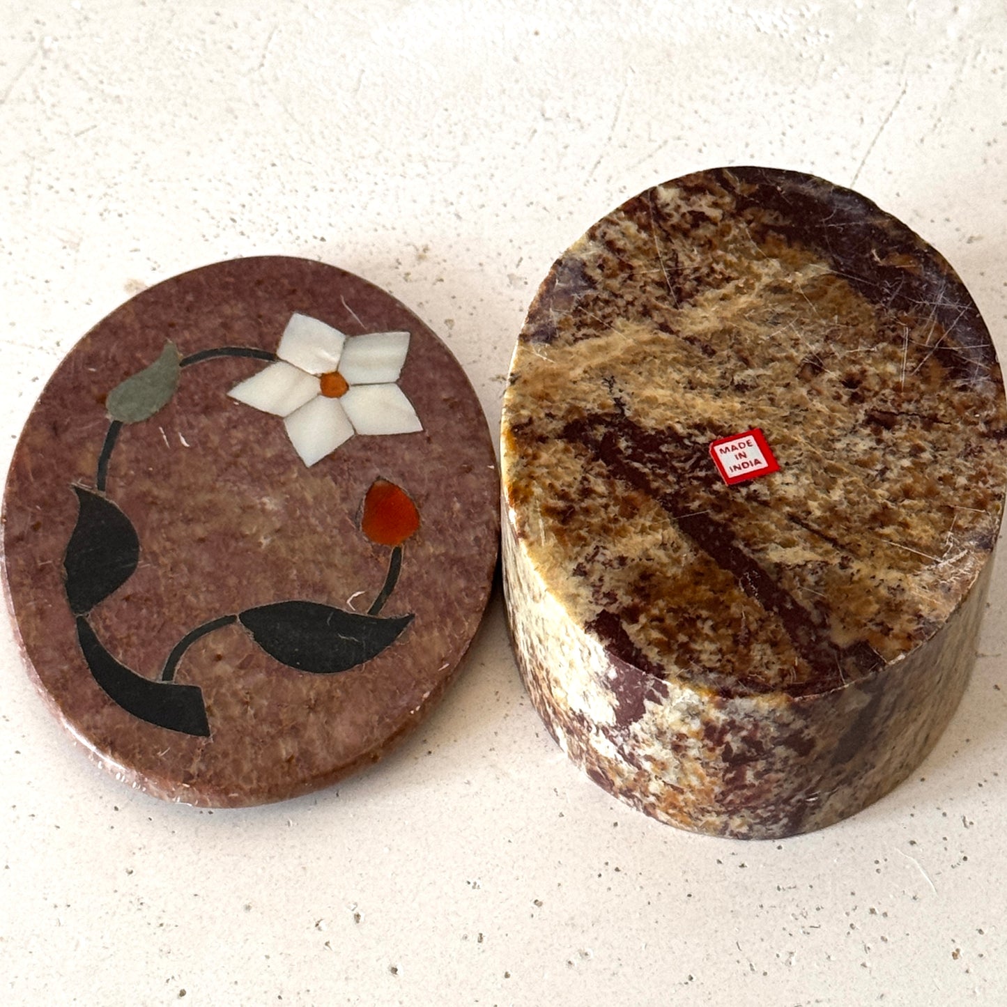 Vintage Indian Soapstone Trinket Box with Floral Inlay Small Oval Keepsake Holder