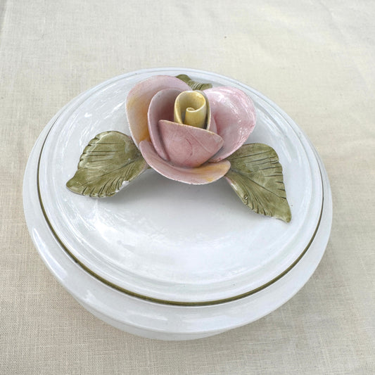Vintage Italian Porcelain Rose Trinket Dish White Lidded Vanity Box