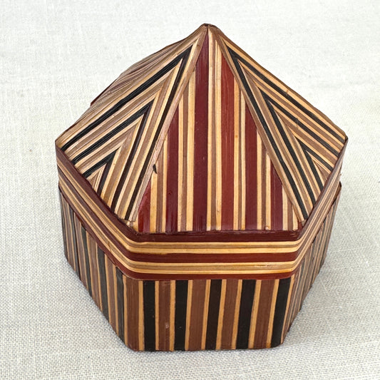 Vintage Hexagon Inlaid Wood Trinket Box Geometric Folk Art Box
