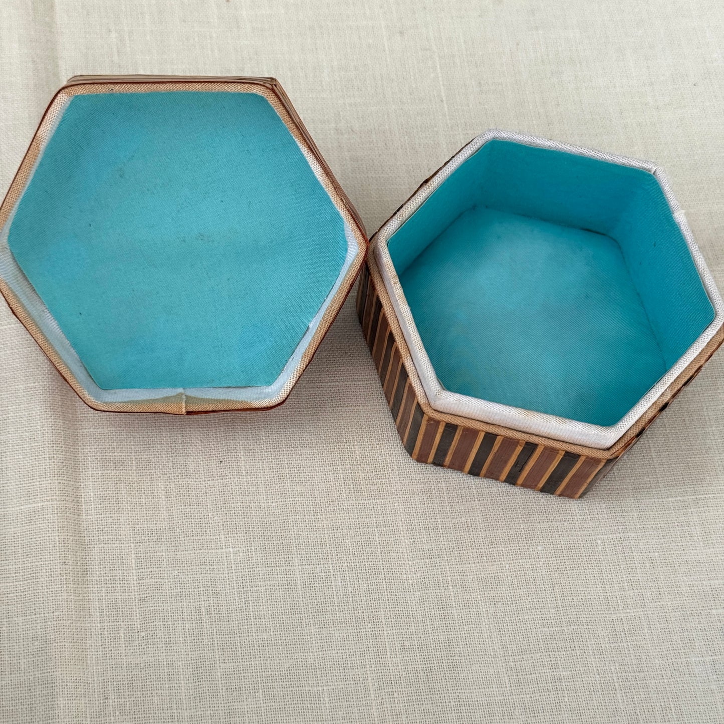 Vintage Hexagon Inlaid Wood Trinket Box Geometric Folk Art Box