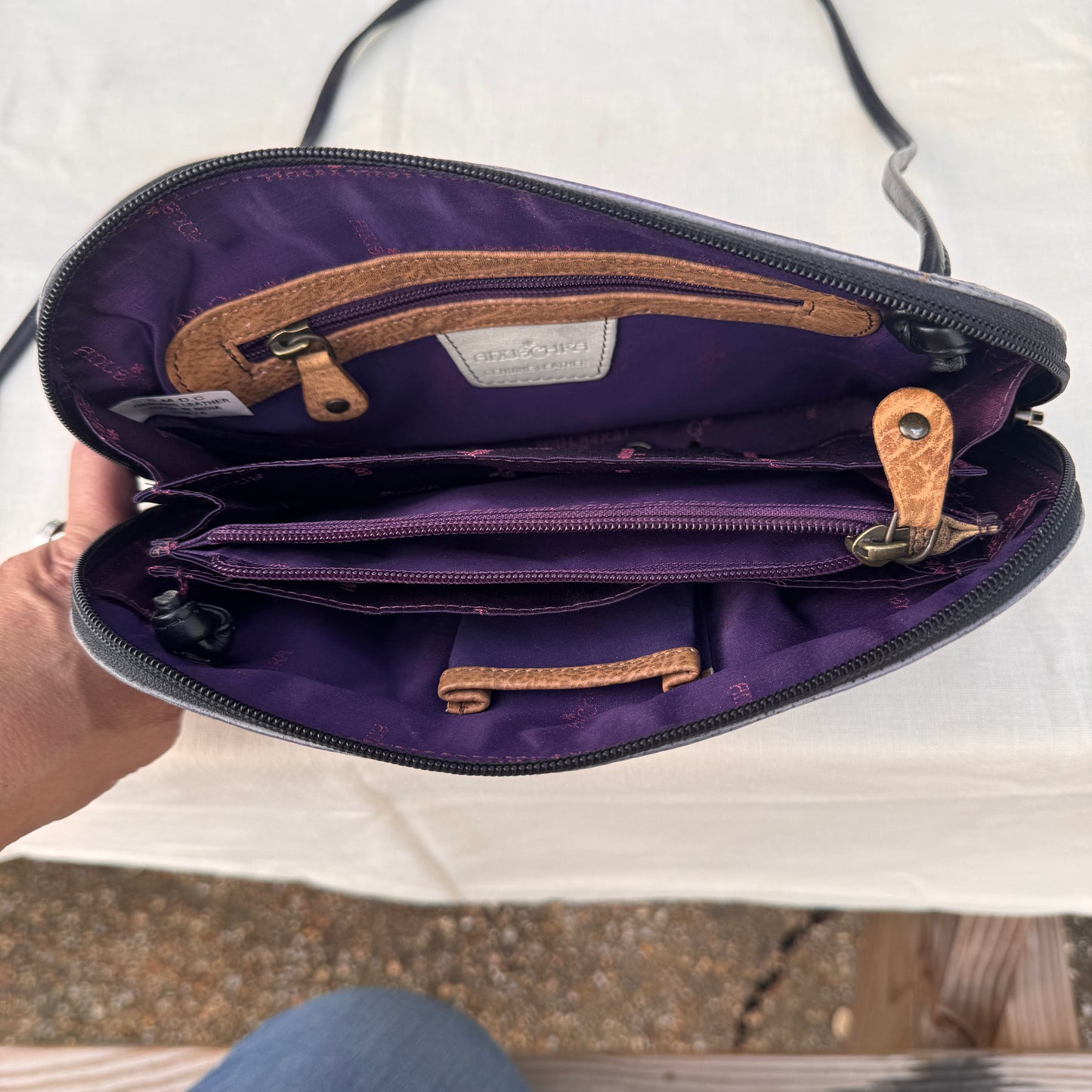 Anuschka Hand Painted Leather Crossbody Bag Purple Floral Butterfly