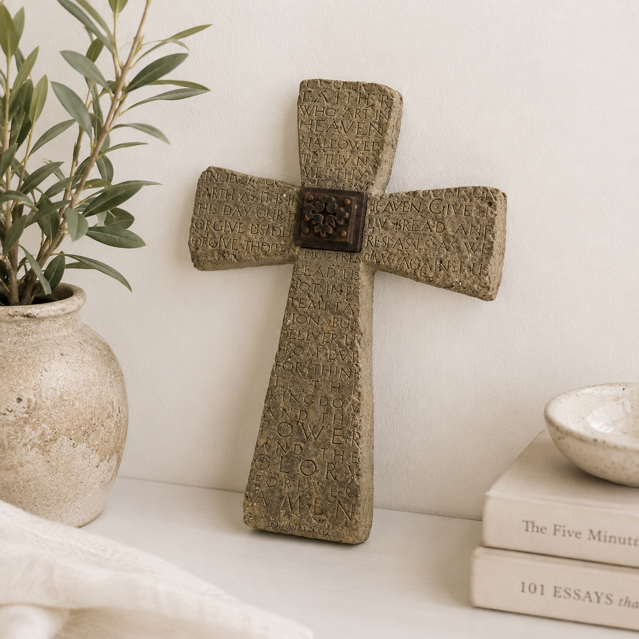 Rustic Lord’s Prayer Wall Cross | Textured Cement Stone Look Cross | Christian Home Decor