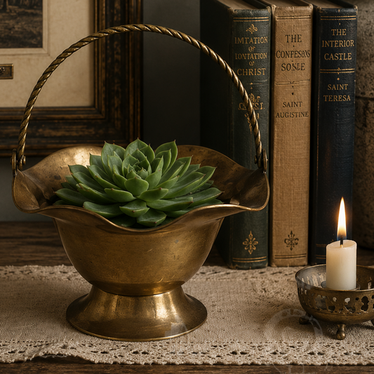 Vintage Brass Pedestal Basket with Twisted Handle | Made in India