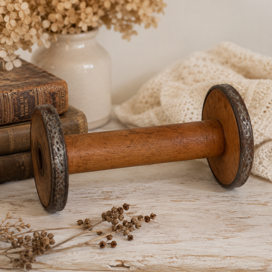 Vintage Industrial Wooden Textile Mill Spool | Metal-Rimmed Bobbin | Primitive Sewing Room Décor