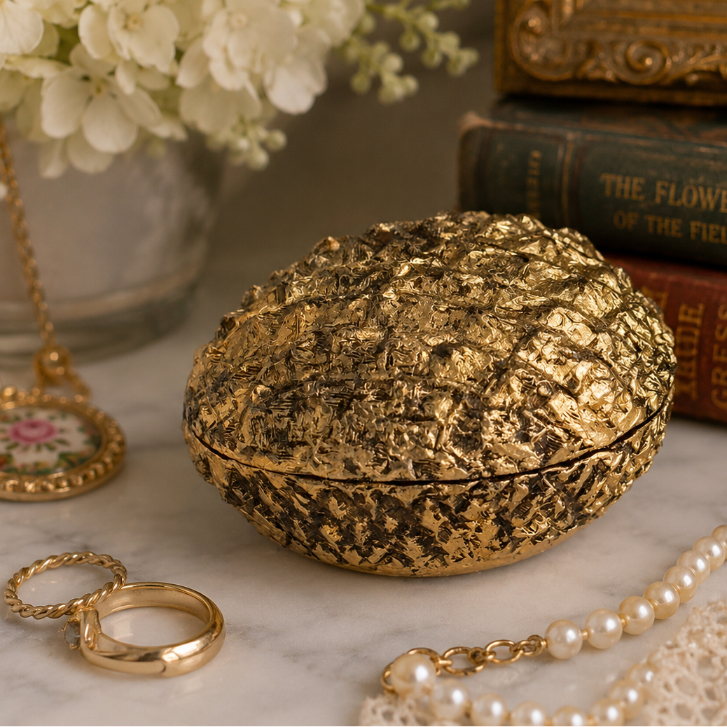 Vintage Neiman Marcus Gold Tone Oval Trinket Box | Textured Jewelry Keepsake Box