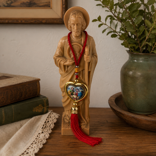 Vintage St. Jude Hard Plastic Statue with Decorative Holy Family Tassel – 13” Religious Figure