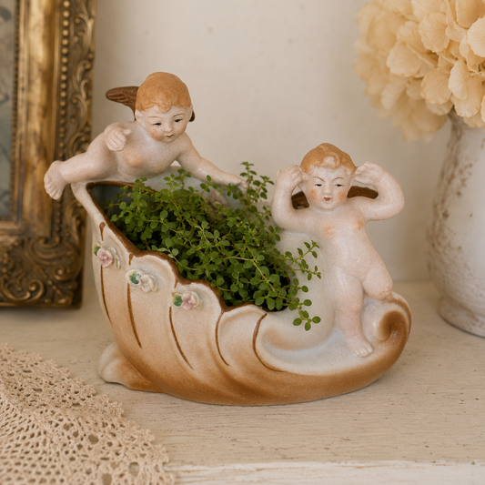Vintage Double Cherub Shell Planter | Bisque Porcelain Angel Vase | Made in Japan | Cottagecore Decor
