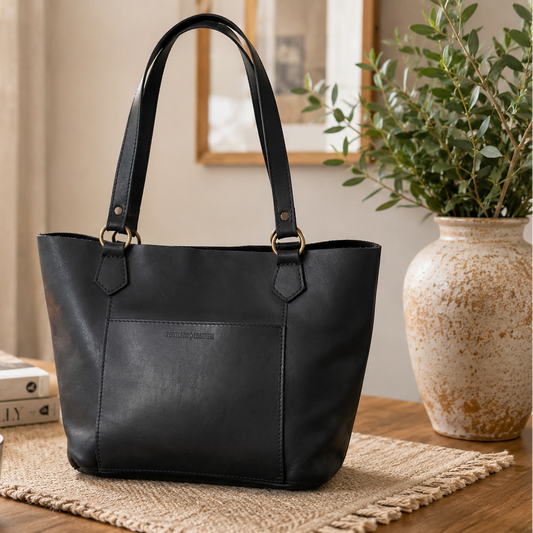 Portland Leather Black Leather Tote Bag | Handmade Minimalist Everyday Shoulder Purse