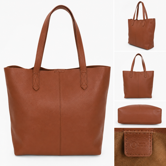 LOFT Brown Genuine Leather Tote Bag | Minimalist Shoulder Purse | Soft Pebbled Leather Shopper