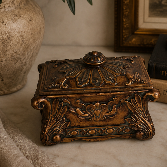 Ornate Bronze Finish Jewelry Box | Velvet Lined Decorative Keepsake Box