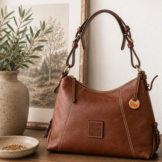 Dooney & Bourke Brown Pebbled Leather Hobo Shoulder Bag Duck Charm Large Purse