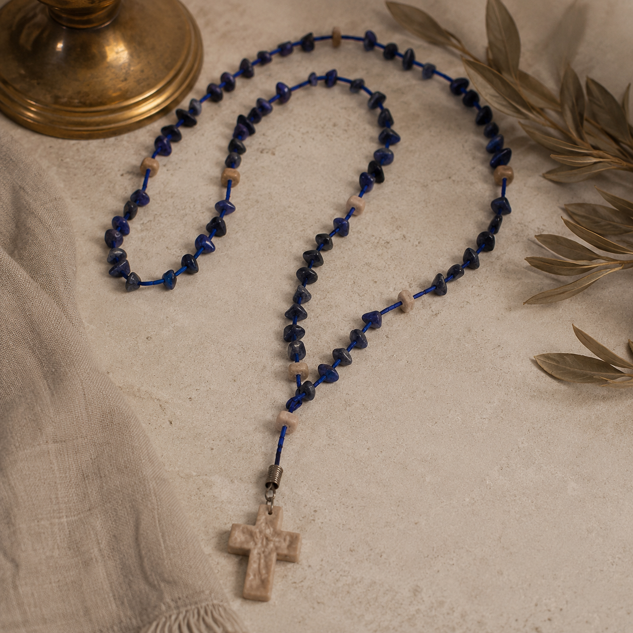 Blue Stone & Cream Bead Rosary with Cross Pendant – 18” Vintage Devotional Necklace