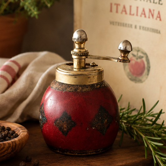 Vintage Red Wooden Pepper Grinder | Brass Hand Crank Mill | Rustic Kitchen Decor | Made in Italy