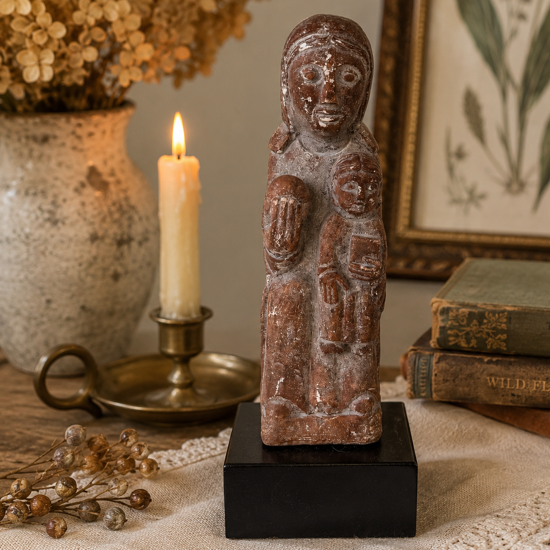 1972 Signed Austin Prod Romanesque Style Mother & Child Rustic Stone Sculpture