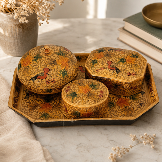 Vintage Kashmiri Paper Mâché Vanity Tray & 3 Trinket Boxes Set – Hand Painted Floral Bird Décor – Handmade in Srinagar, India