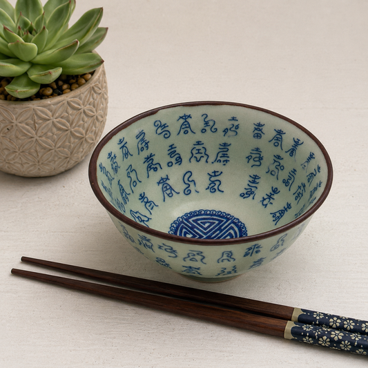 Celadon Green Asian Inspired Ceramic Bowl with Blue Calligraphy | Decorative Trinket or Rice Bowl