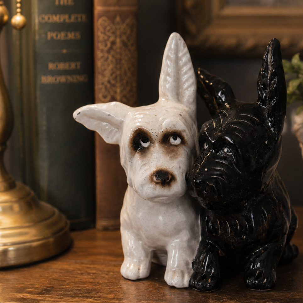 Vintage Black & White Terrier Dog Figurines Pair – Made in Japan Ceramic Scottie Dogs