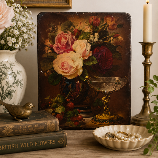 Vintage Floral Decoupage Wood Wall Plaque | Romantic Roses Still Life | Cottage Wall Decor | 10” x 8”