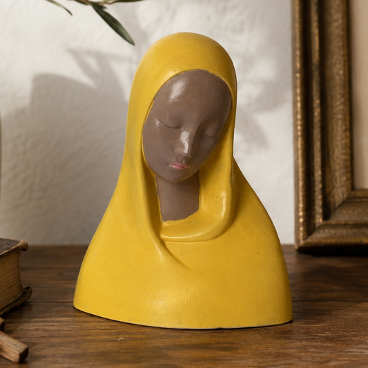 Vintage Mid-Century Modern Madonna Bust Figurine – Yellow Hooded Mary Statue – Minimalist Religious Decor – 5”