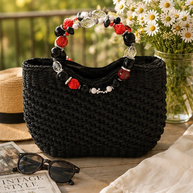 Capelli Straw Black Bag Beaded Handles VINTAGE | STRAW BAG | BEADED HANDLES