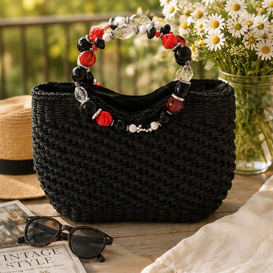 Capelli Straw Black Bag Beaded Handles VINTAGE | STRAW BAG | BEADED HANDLES