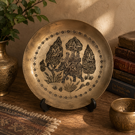 Vintage Brass Elephant Decorative Wall Plate Made in India 7” Engraved Hanging Tray