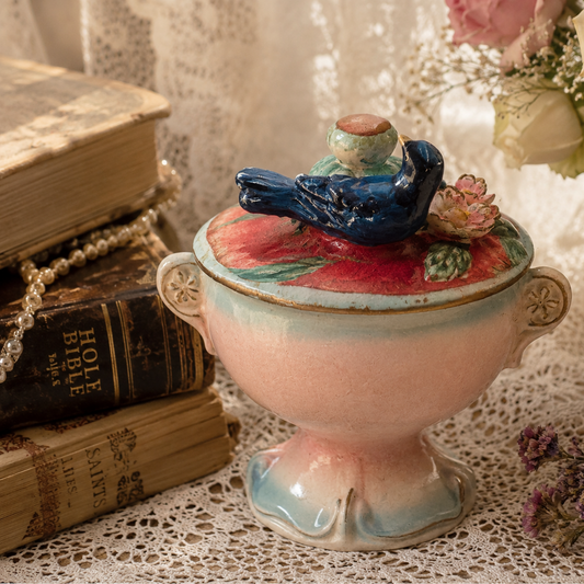 Hand Painted Pedestal Covered Bowl with Blue Bird Lid – Signed Betson Ceramic Trinket Dish