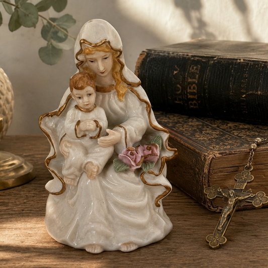 Vintage Madonna & Child Porcelain Figurine | Religious Statue | Virgin Mary Holding Baby Jesus | Catholic Home Decor