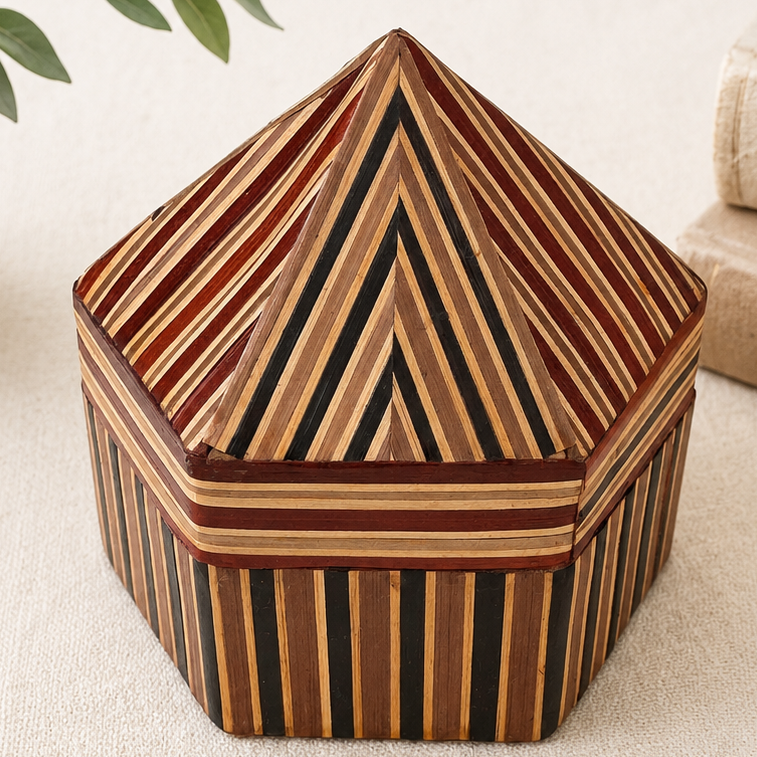 Vintage Hexagon Inlaid Wood Trinket Box Geometric Folk Art Box
