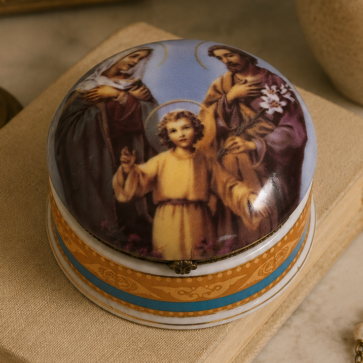 Vintage Holy Family Porcelain Trinket Box | Lidded Keepsake Box