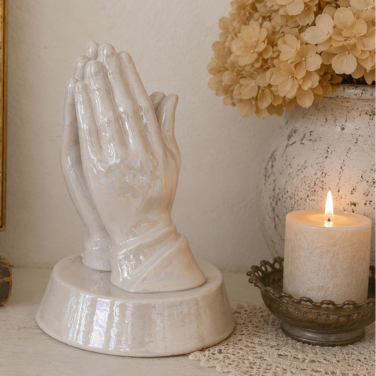 Vintage Iridescent Praying Hands Ceramic Figurine | Handmade Religious Décor | Pearl Luster Finish