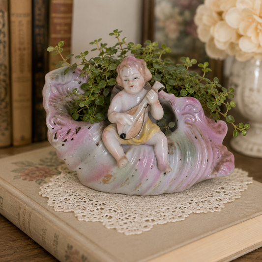 Vintage Porcelain Cherub Planter with Lute on Seashell | Mid-Century Romantic Cottage Décor