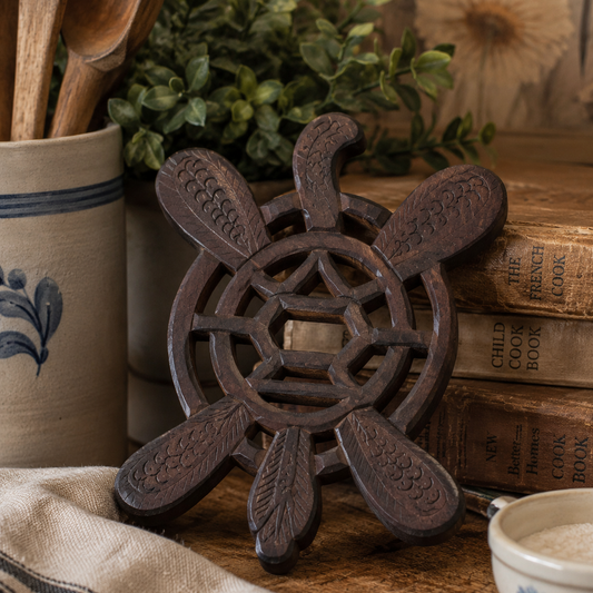 Vintage Hand-Carved Wooden Turtle Trivet | Solid Wood Tropical Kitchen Decor | Turtle Pot Holder Stand