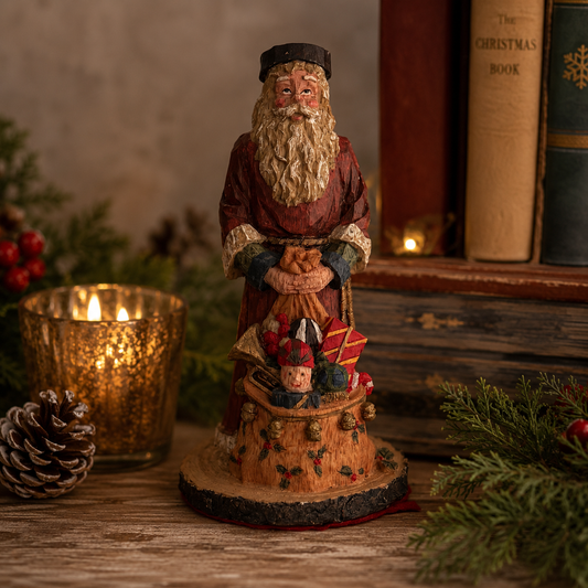 Vintage Santa Figurine with Toy Sack | Hand-Carved Look Christmas Décor | Rustic Holiday Collectible