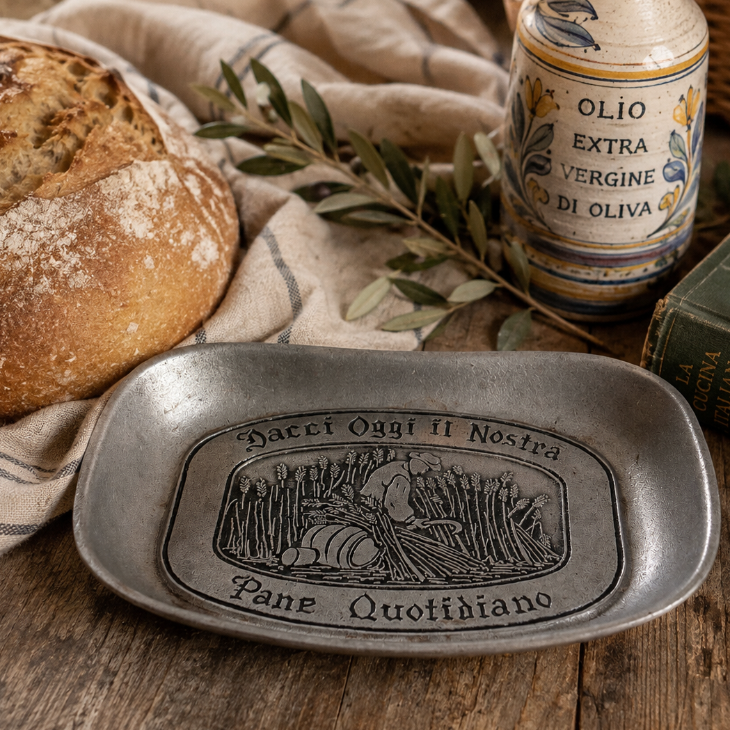 Vintage Pewter Bread Tray “Dacci Oggi il Nostra Pane Quotidiano” Italian Daily Bread Dish