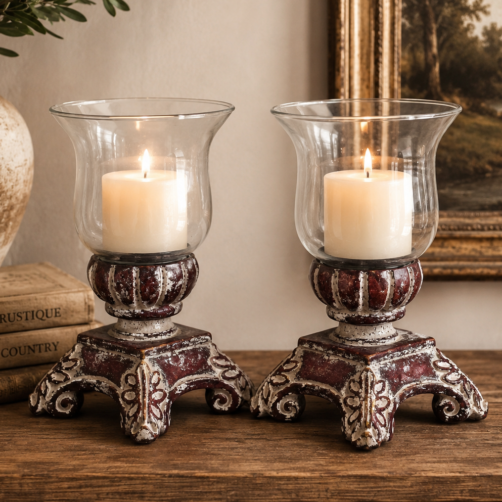 Southern Living Distressed Bell Jar Hurricane Candle Holders – Pair