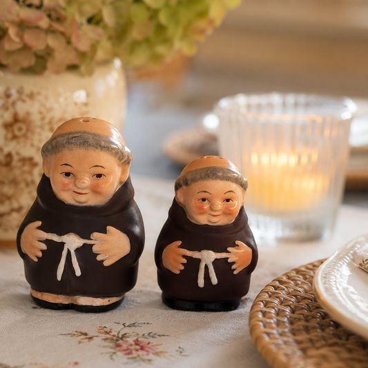 Vintage West Germany Monk Salt & Pepper Shakers | Hand Painted Ceramic Friars | Religious Kitchen Decor