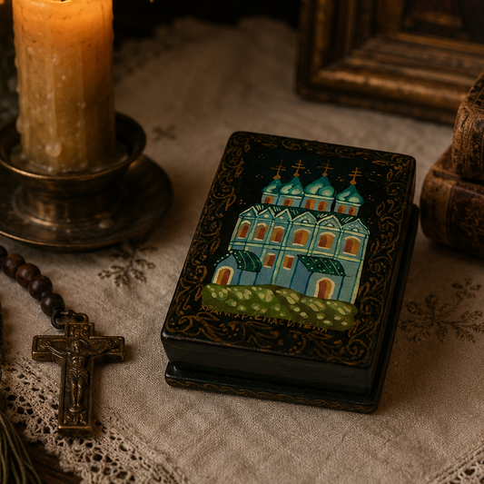 Vintage Black Lacquer Style Church Trinket Box Hand-Painted Mini Keepsake Box