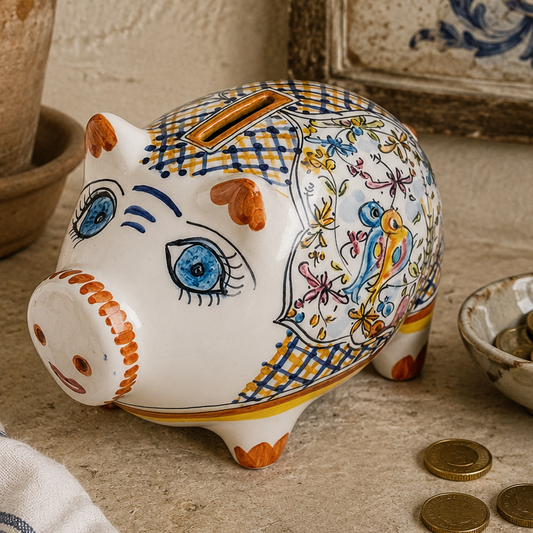 Vintage Portuguese Hand Painted Ceramic Piggy Bank with Birds | Folk Art Bank